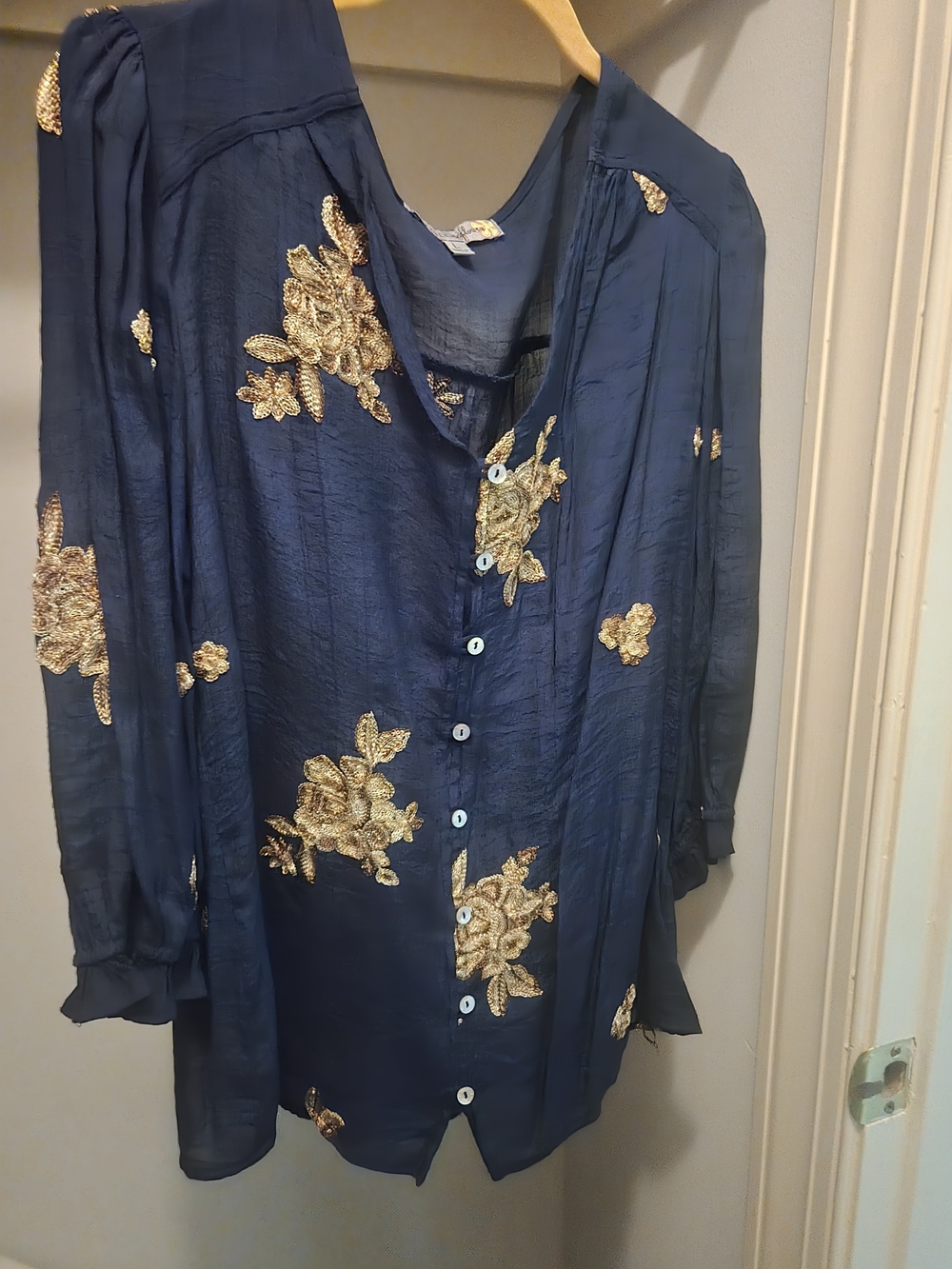 Navy Button-Down Shirt with Gold Floral Embroidery
